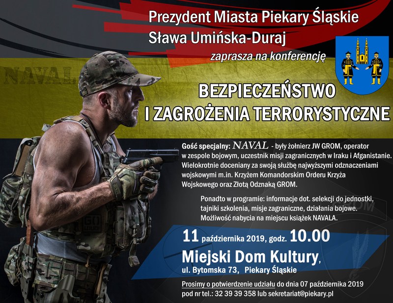 Plakat konferencji o bezpieczeństwie i zagrożeniach terrorystycznych - Piekary Śląskie, 11 października 2019