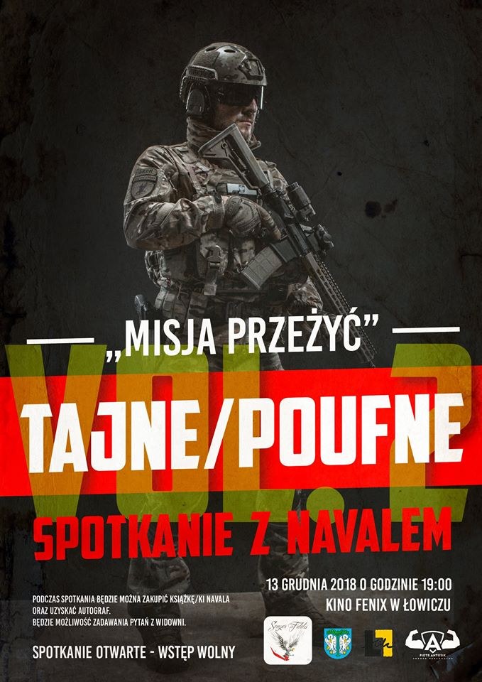 Plakat spotkania „Misja przeżyć" - Kino Fenix w Łowiczu, 13 grudnia 2018